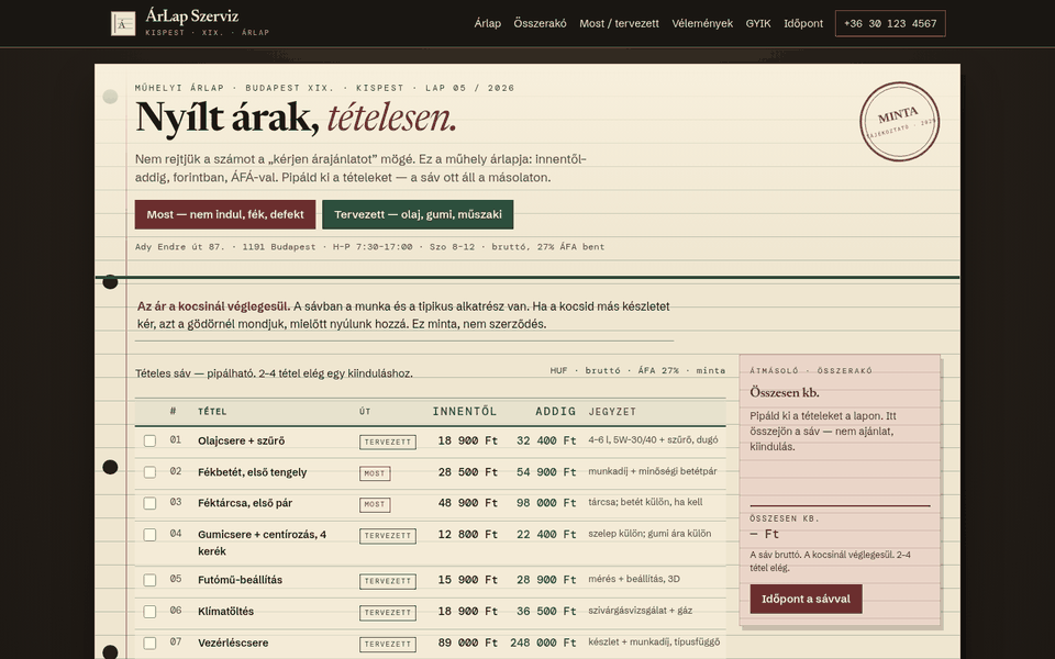 ÁrLap Szerviz: tételes nyílt árak, autószerviz Kispest.