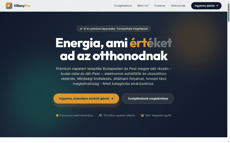 VillanyPro nyitóképe: prémium villanyszerelő és napelem oldal.